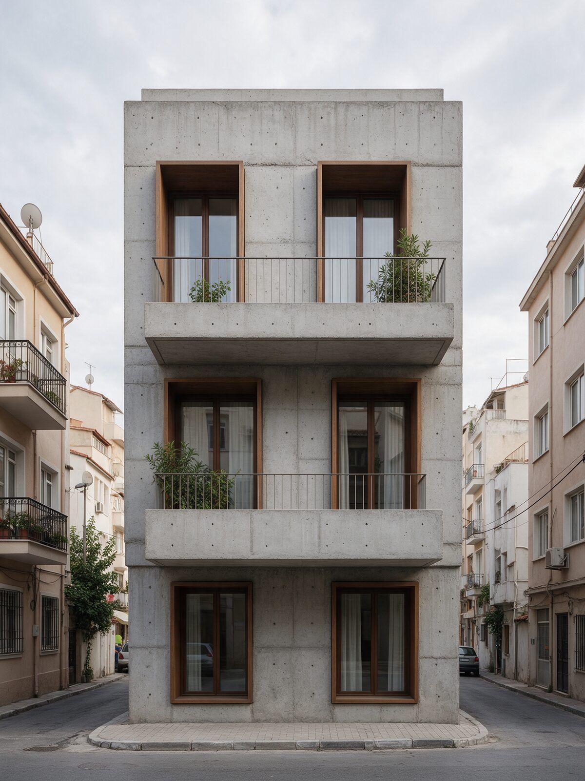 Dar sokakta brüt beton cepheli, konsol balkonlu apartman